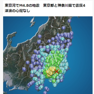 日本东京湾发生4.8级地震 震源深度80公里