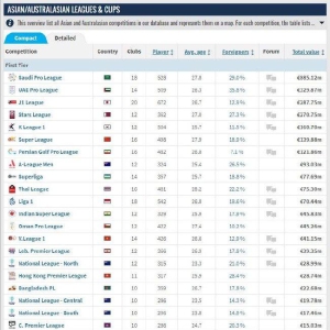 亚洲联赛身价排名：沙特居首 中超1.39亿欧排第6